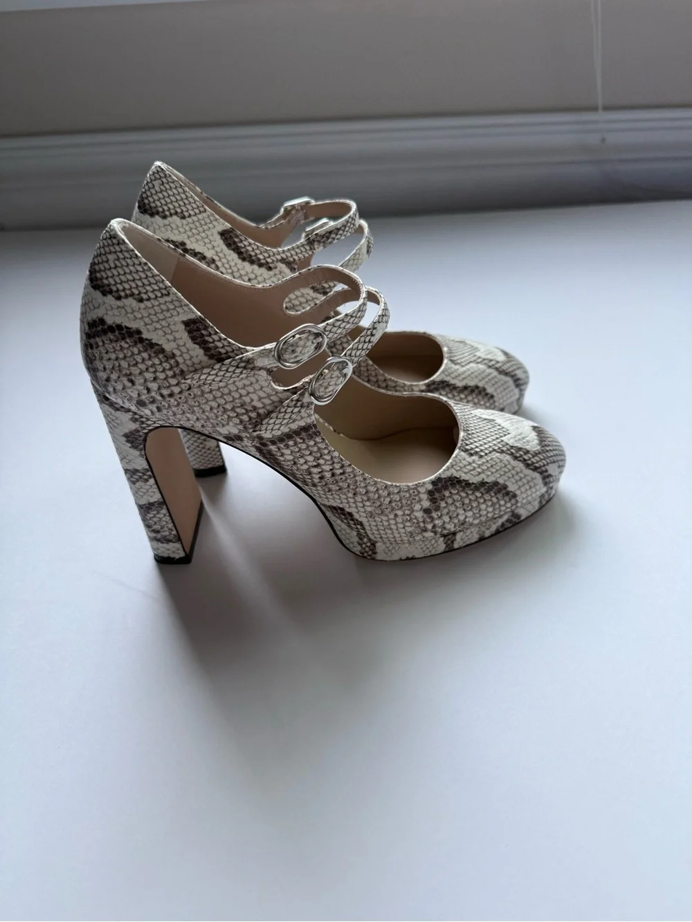 Stuart Weitzman Snake-Print Double-Strap Pumps in Beige and Brown